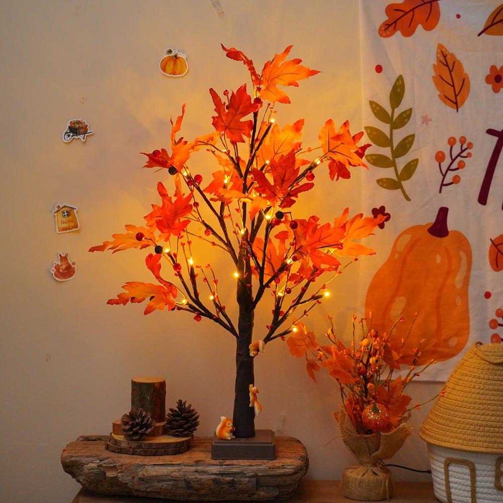 JORIX Easter Gift 60cm Twig Tree Light Maple Leaf Pre-Lit Birch Tree Lamp USB & Battery Powered 24 LED Warm White Tabletop Artificial Tree Lamp for Home, Party, Wedding Christmas, Mother's Day Decor Gift