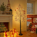 JORIX Easter Gift 150cm LED Maple Tree Lights with Red Bird Ornaments 200 Warm White LEDs 8 Lighting Modes Safe Adapter Base Powered Indoor Decorative Tree Lamp 5m Extension Cable