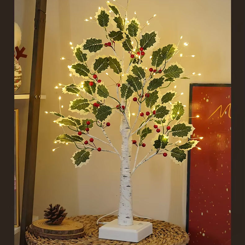 ROYLENCE LED Easter Gift Birch Tree Light Decoration Twig Warm White Battery/USB Operated Maple Leaf Indoor Festive Tabletop Tree Lamp with Red Berry & Leaf Design Holiday Party Home Décor Mother's Day &  Father's Day Gift