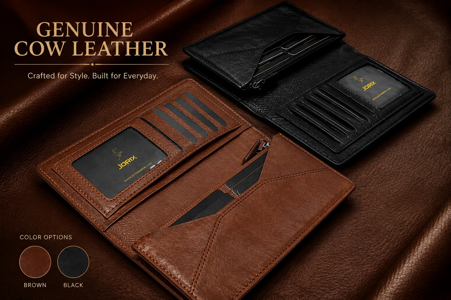 Men's 100% Genuine Cow Leather Long Bifold Wallet – 10 Card Slots Phone & ID Holder – Black & Brown