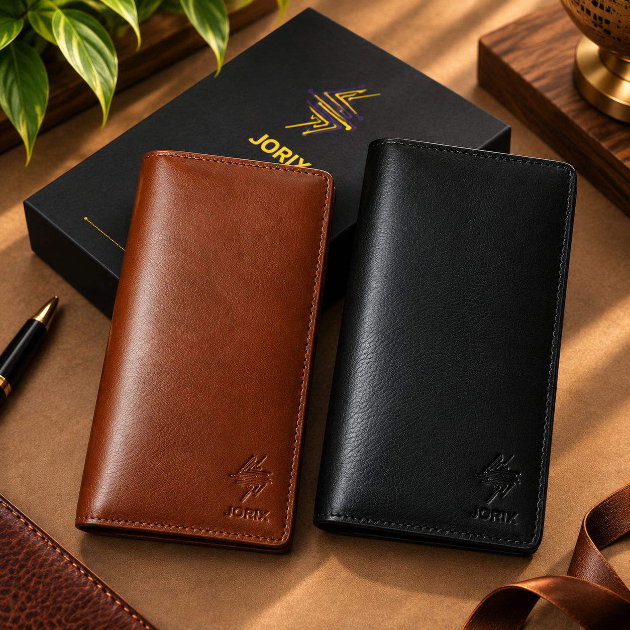 Men's 100% Genuine Cow Leather Long Bifold Wallet – 10 Card Slots Phone & ID Holder – Black & Brown